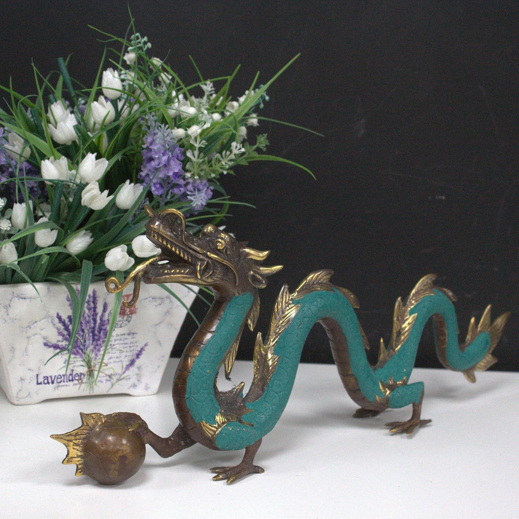Brass Dragon with Pearl Statue – 27 cm – view 3