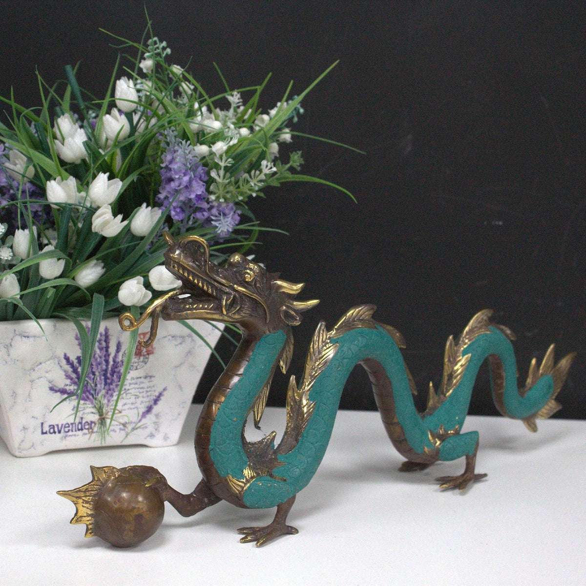 Brass Dragon with Pearl Statue – 27 cm – view 3