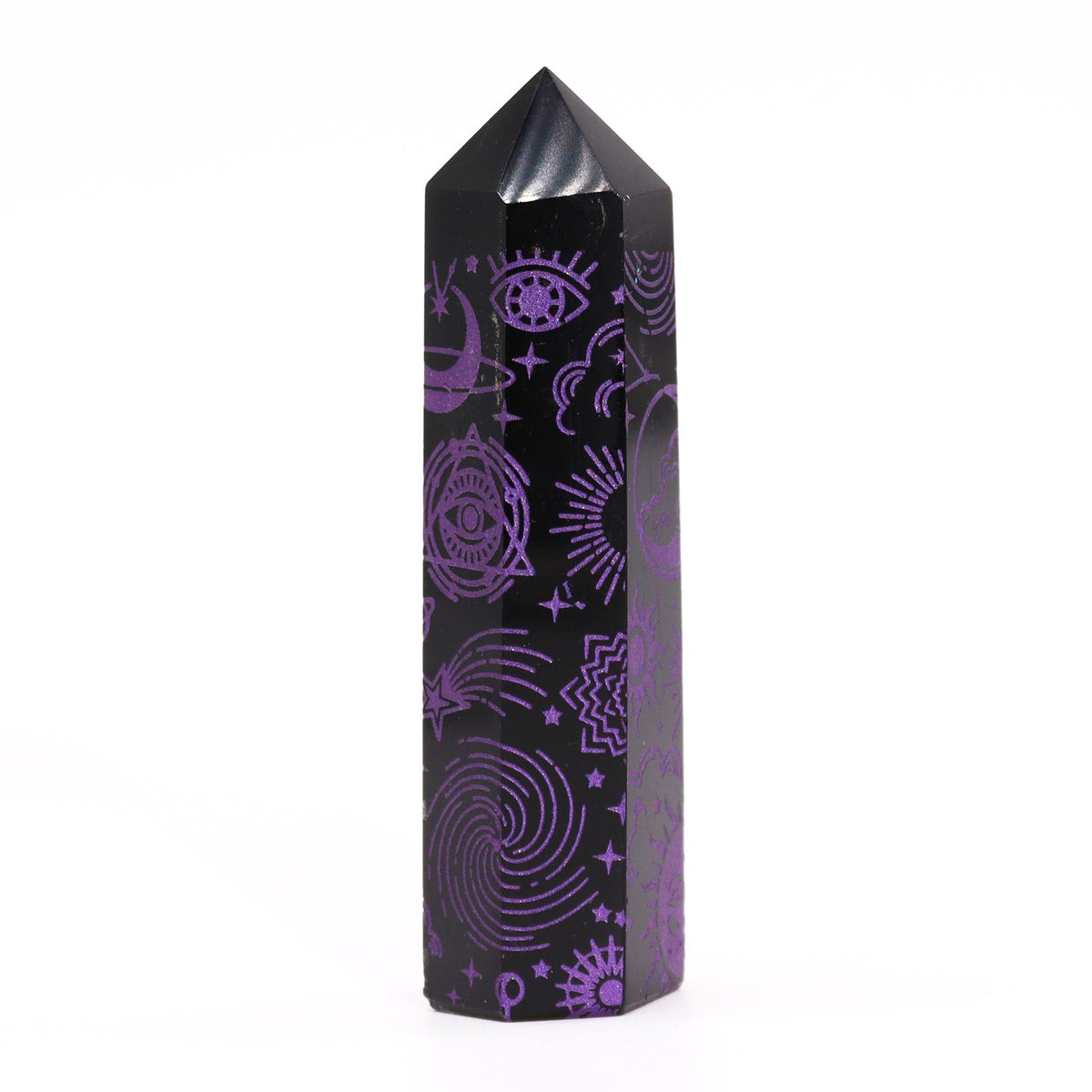 Engraved Black Obsidian Point - Deep Purple Celestial Symbols – view 8