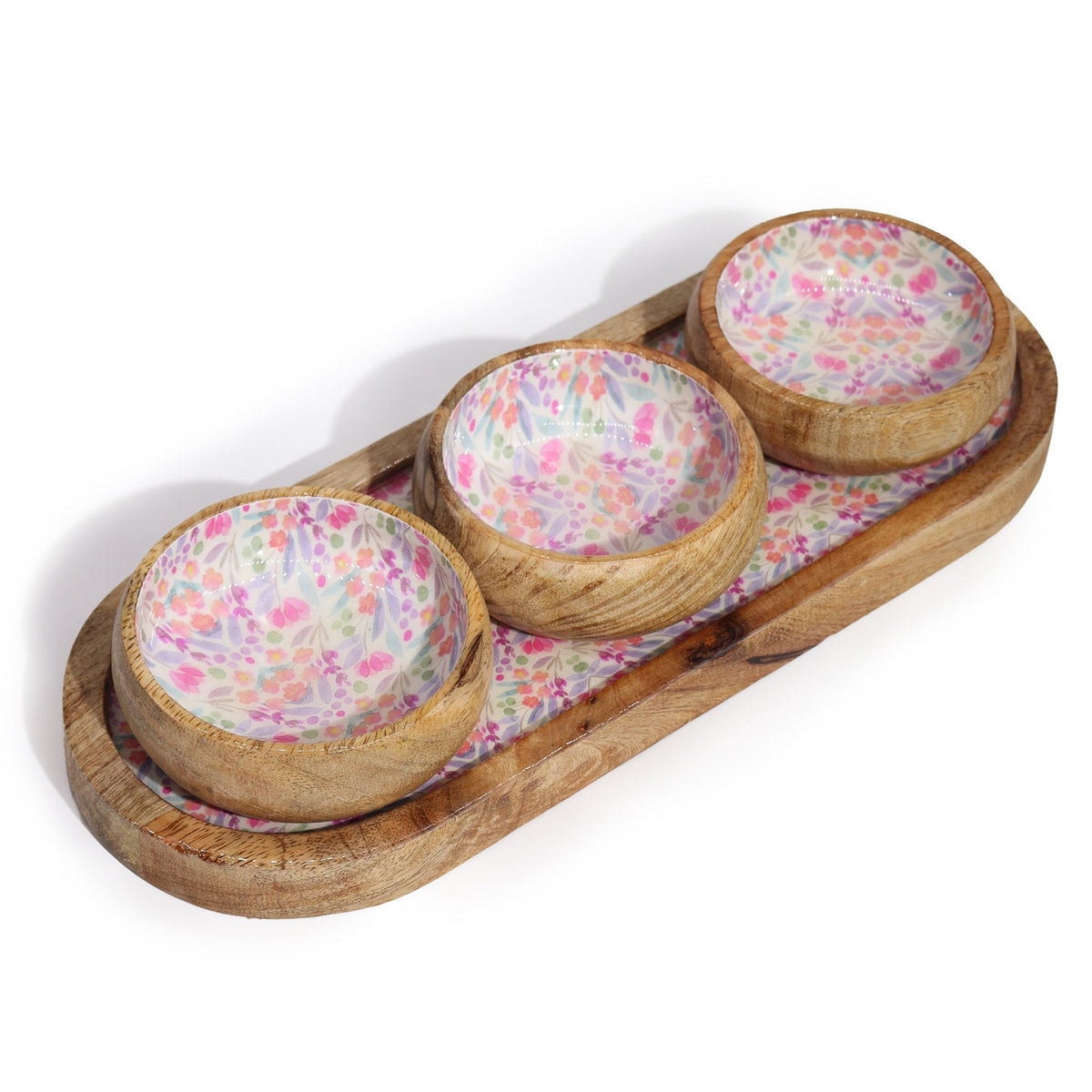 Mango Wood Tray with 3 Bowls - Floral Pattern – view 5
