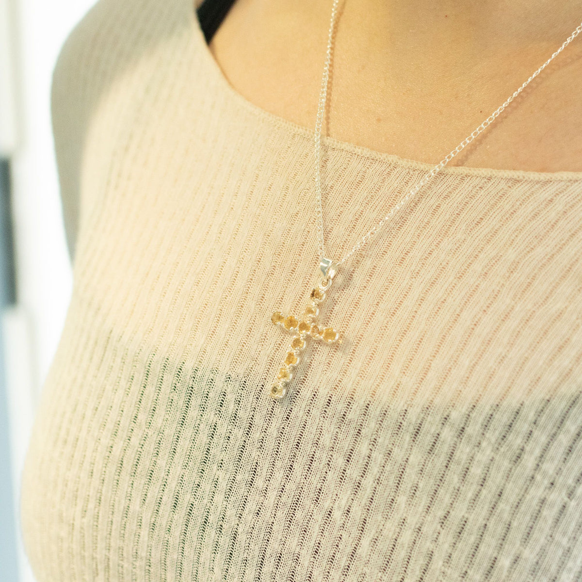 Citrine Crucifix Pendant - Silver Plated 45cm Chain