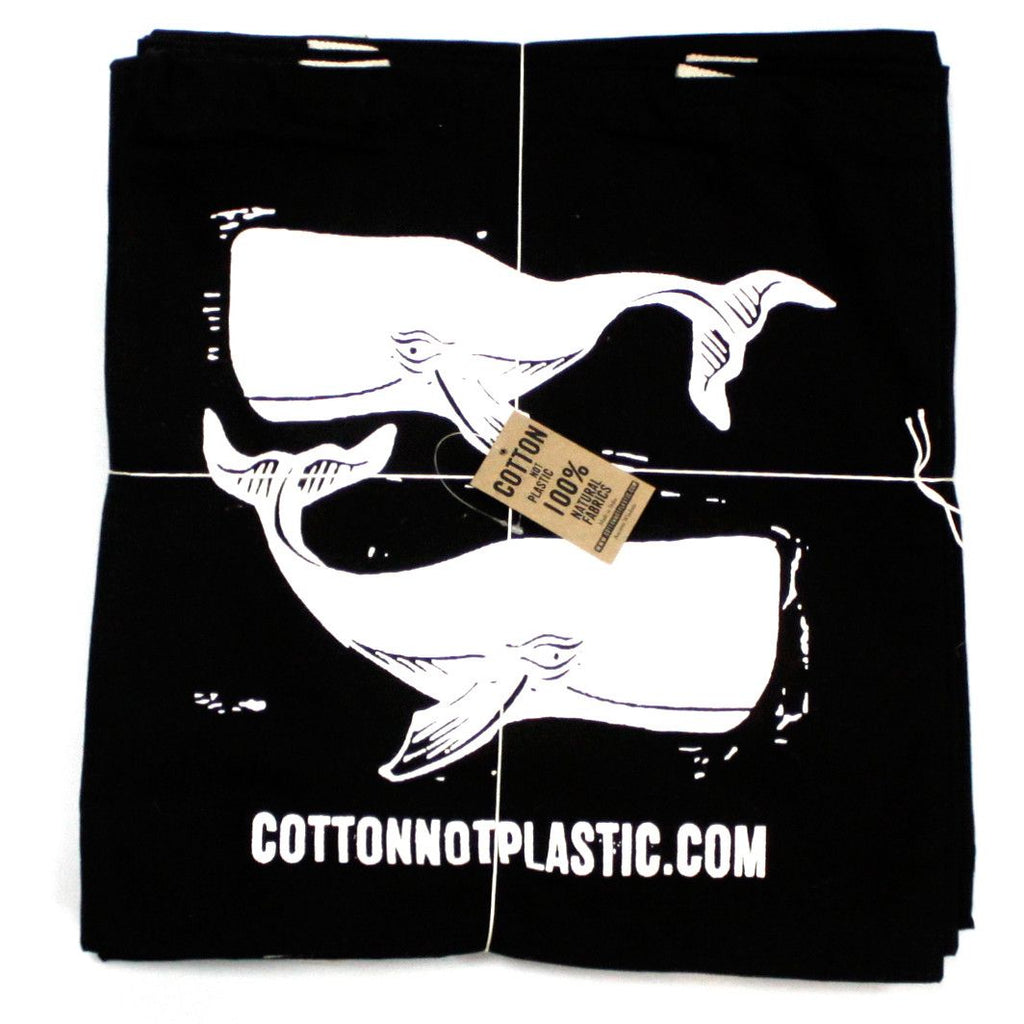 Large Black Cotton Bag 38x42cm - White Whales Print – view 2