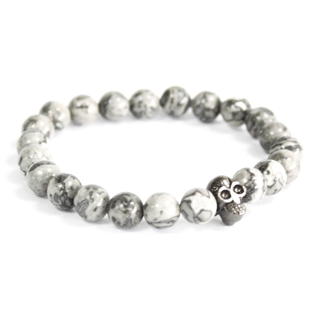 Grey Agate Bracelet with Pewter Skull Charm
