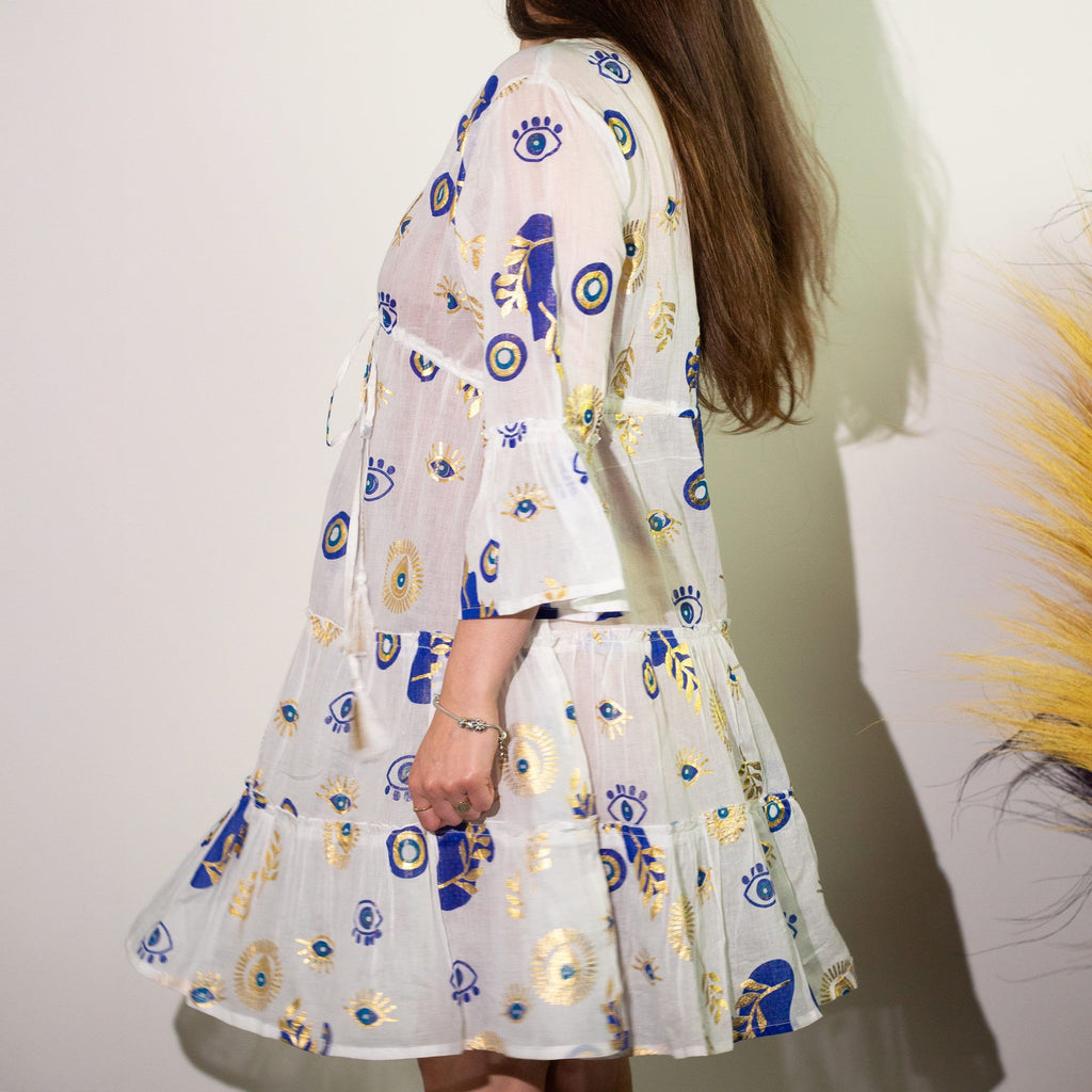 Nomad Sari Evil Eye Dress in White, Blue & Gold, Size M/L – view 2