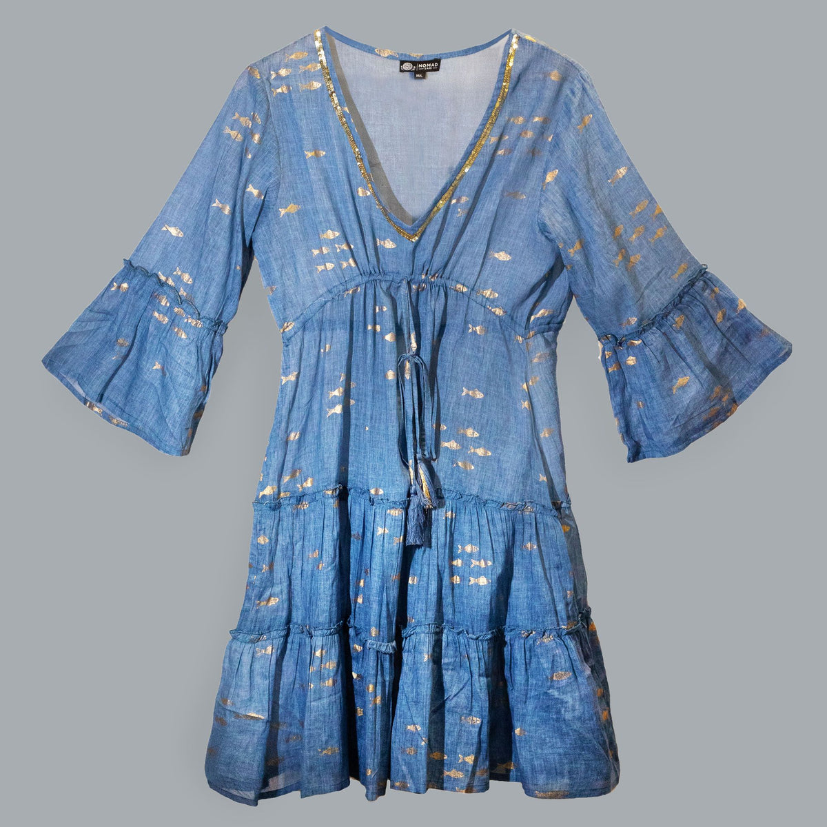 Nomad Sari Cotton Dress - Sea Blue & Gold Fish Print – view 3