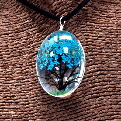 Zestaw biżuterii Tree of Life ze sprasowanymi kwiatami – teal