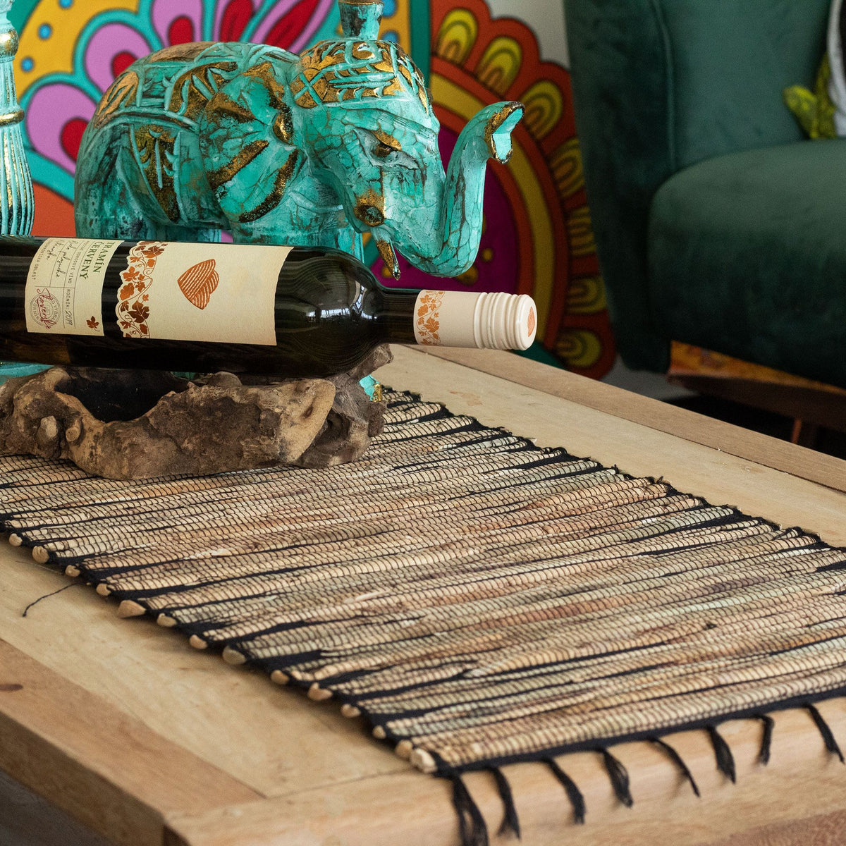 Water Hyacinth Table Runner - Black Tiger with Fringe, 150cm