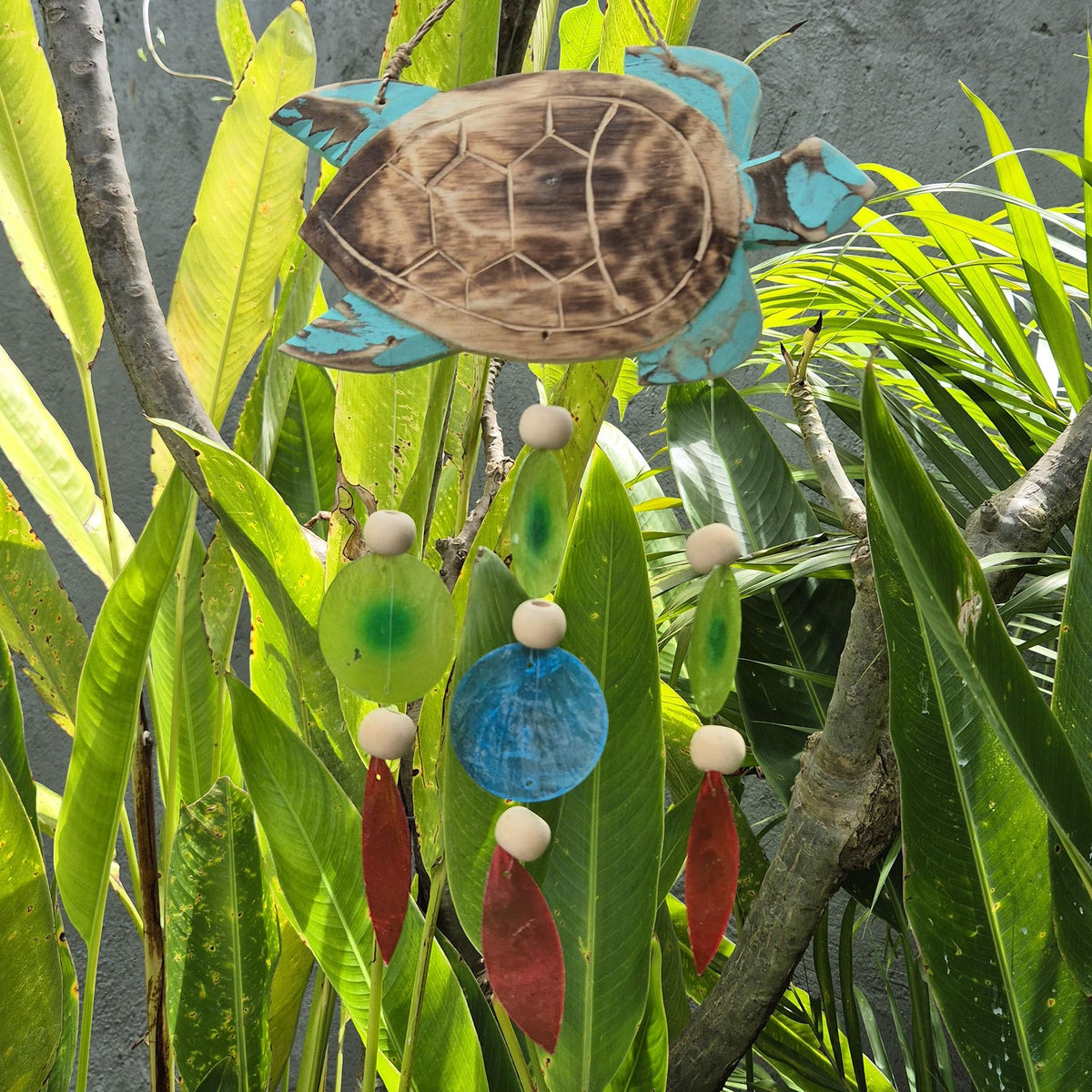 Aqua Turtle Carving & Capiz Shell Wind Chime – view 4