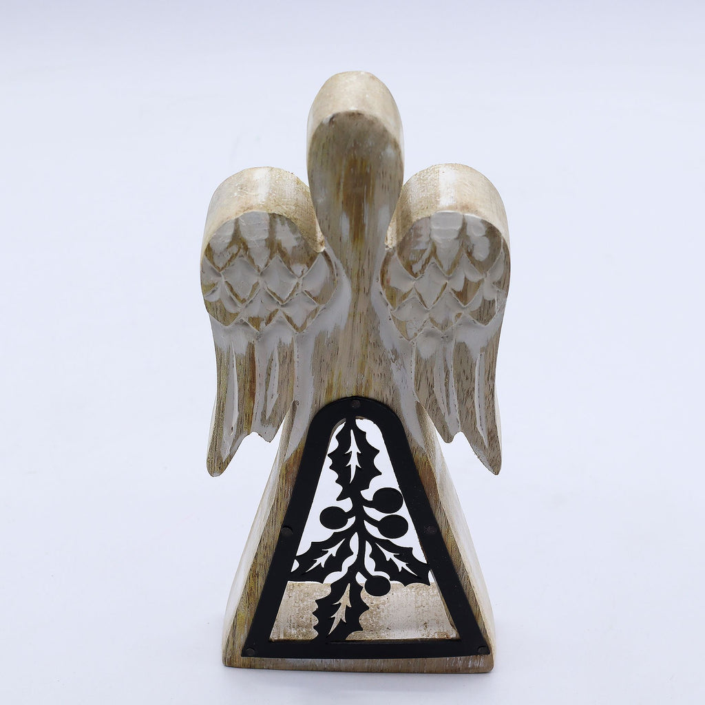 Mango Wood Angel - Whitewash, Iron Holly Cut-Out – view 6