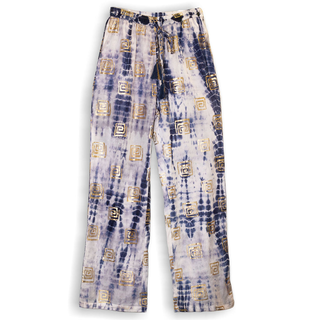 Nomad Sari Hand-Painted Lounge Pants - Gold & Blue Greek Motif M/L – view 8