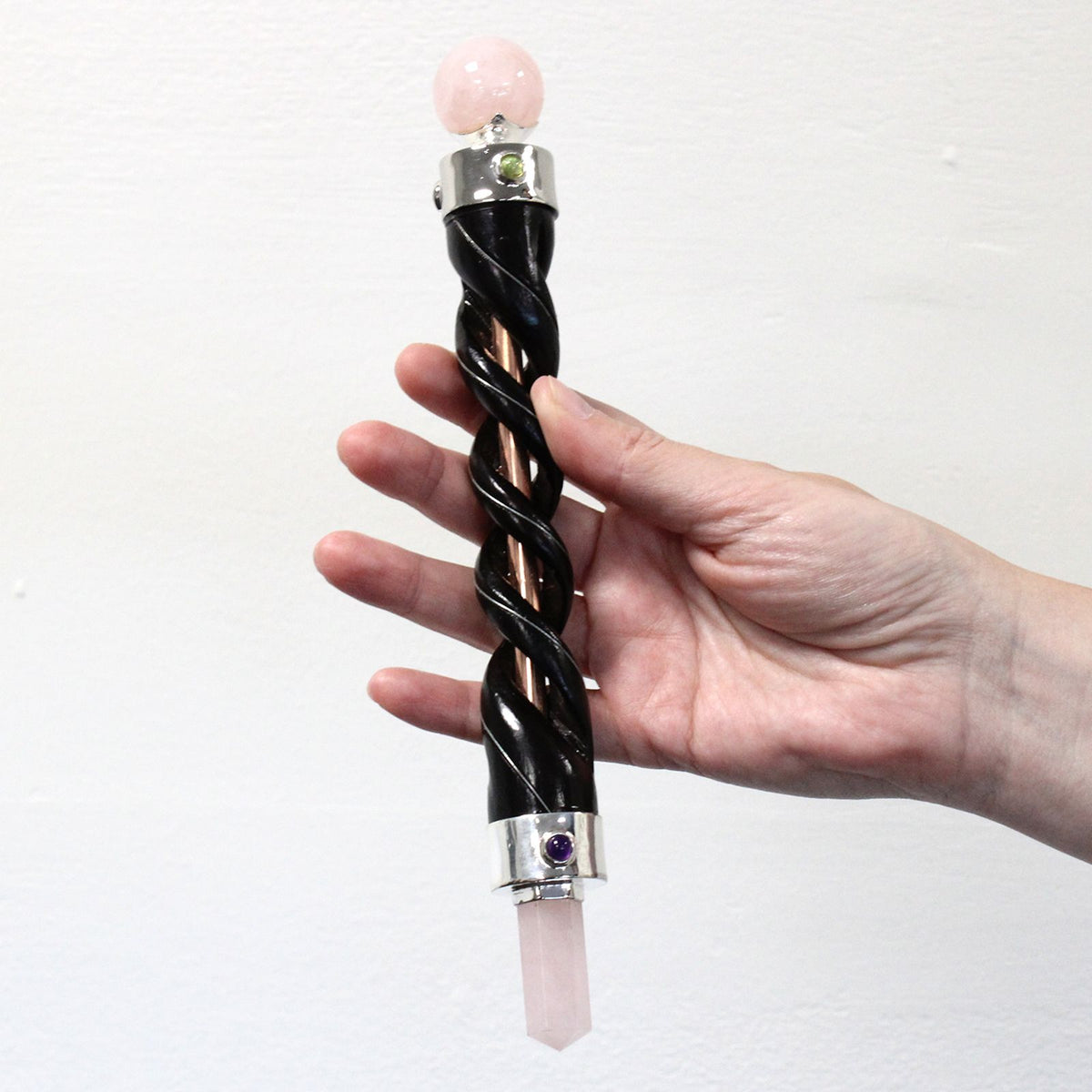 Twisted Healing Wand with Silver Fittings and Rose Quartz Sphere – view 3