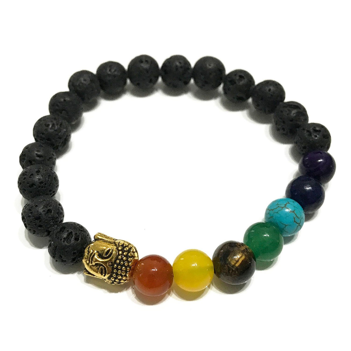 Lava Stone Bracelet with Buddha Head and Chakra Beads