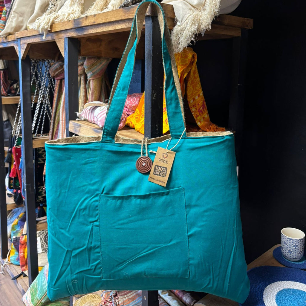 Reversible Jute and Cotton Big Bag in Teal – view 2