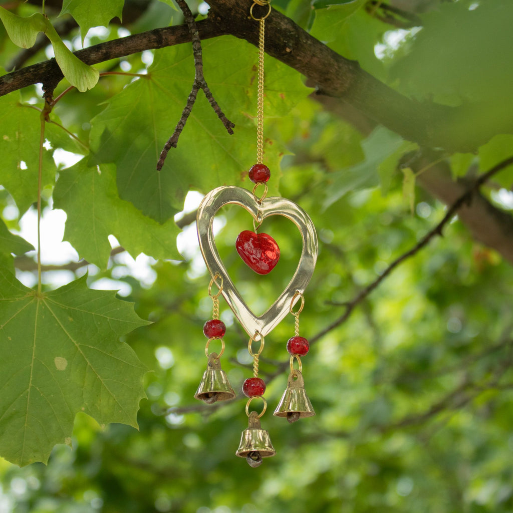 Brass Wind Chime with Ruby Glass Heart Beads, 6.5x24cm – view 3