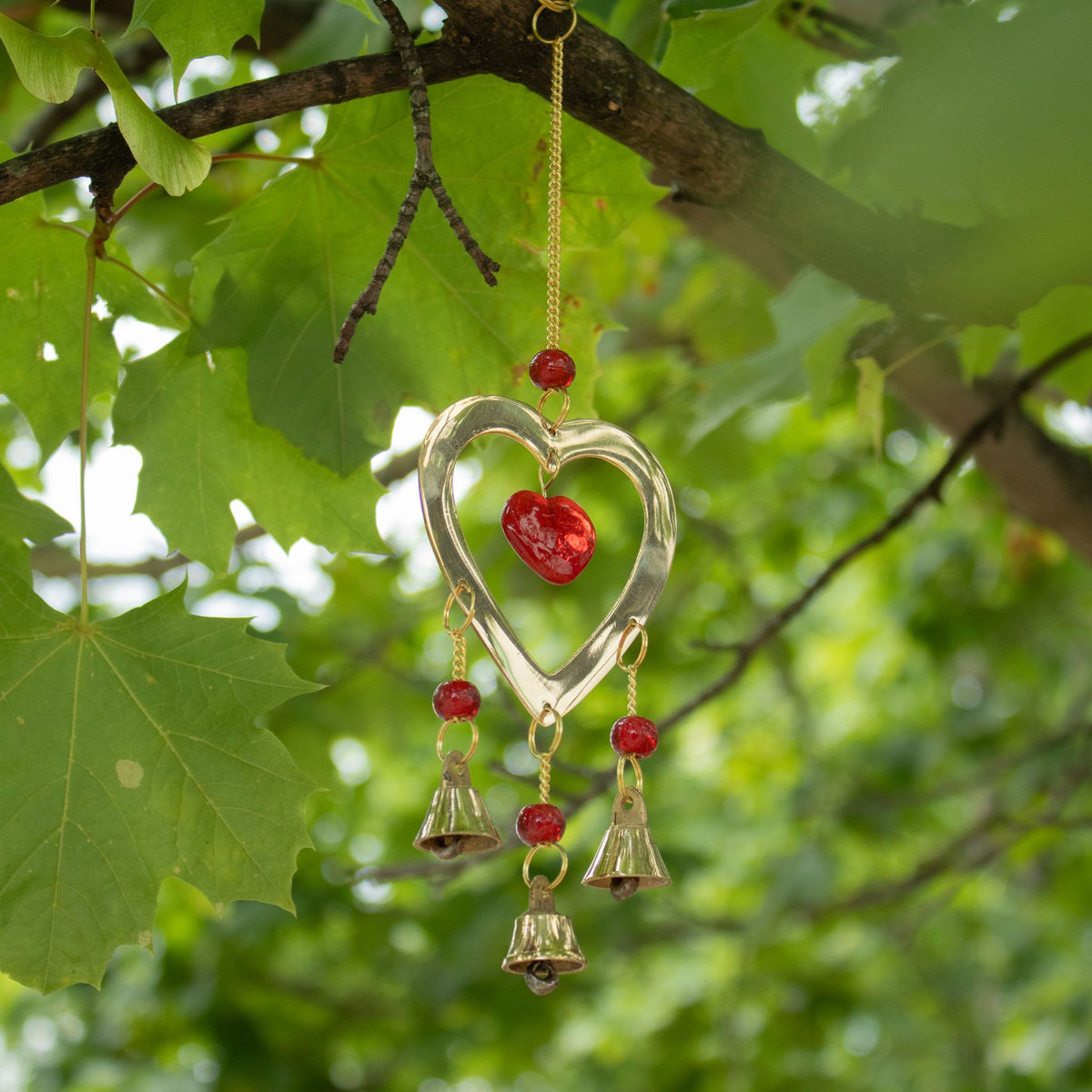 Brass Wind Chime with Ruby Glass Heart Beads, 6.5x24cm – view 3