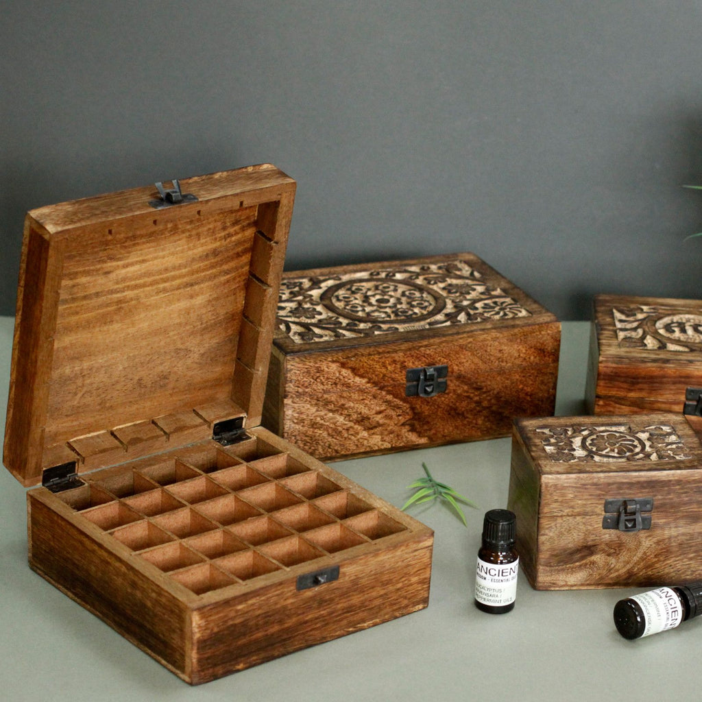 Mango Wood Carved Storage Box - Floral, Holds 80 Bottles – view 4