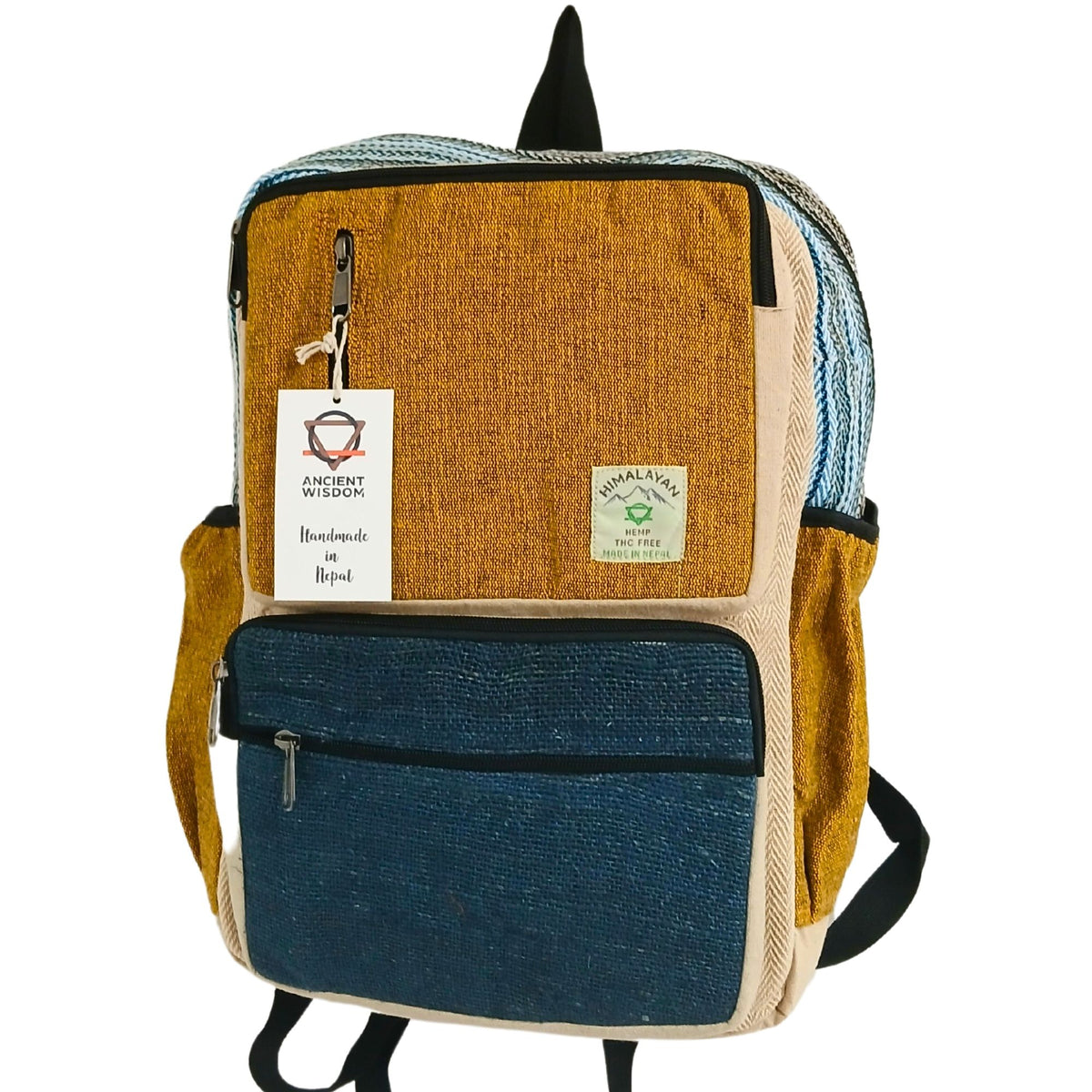 Large Boxy Hemp Backpack - Teal & Turmeric – view 2