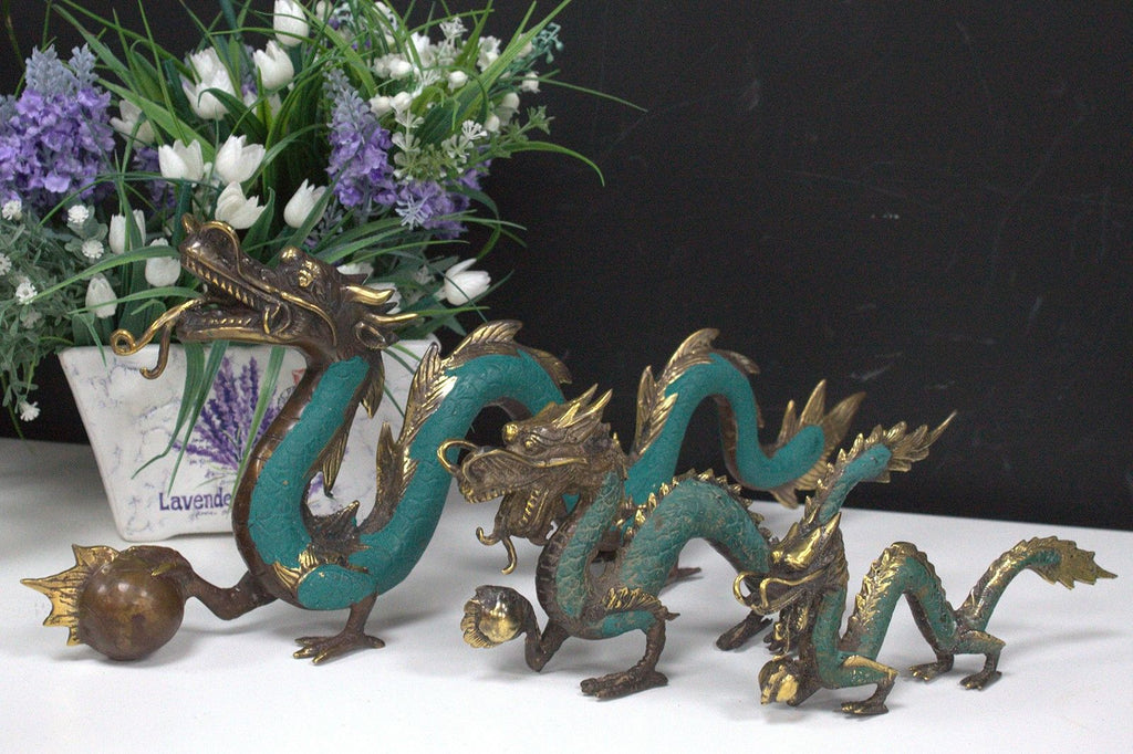 Brass Dragon with Pearl Statue – 27 cm – view 2