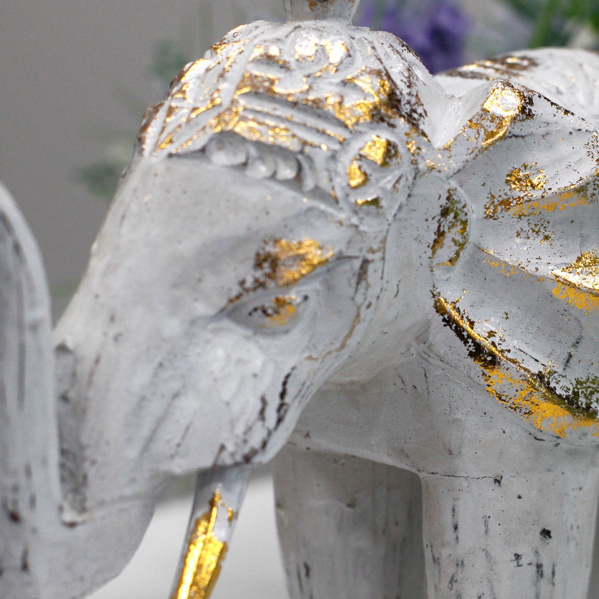 Carved Wood Elephant Statue, White and Gold – view 5
