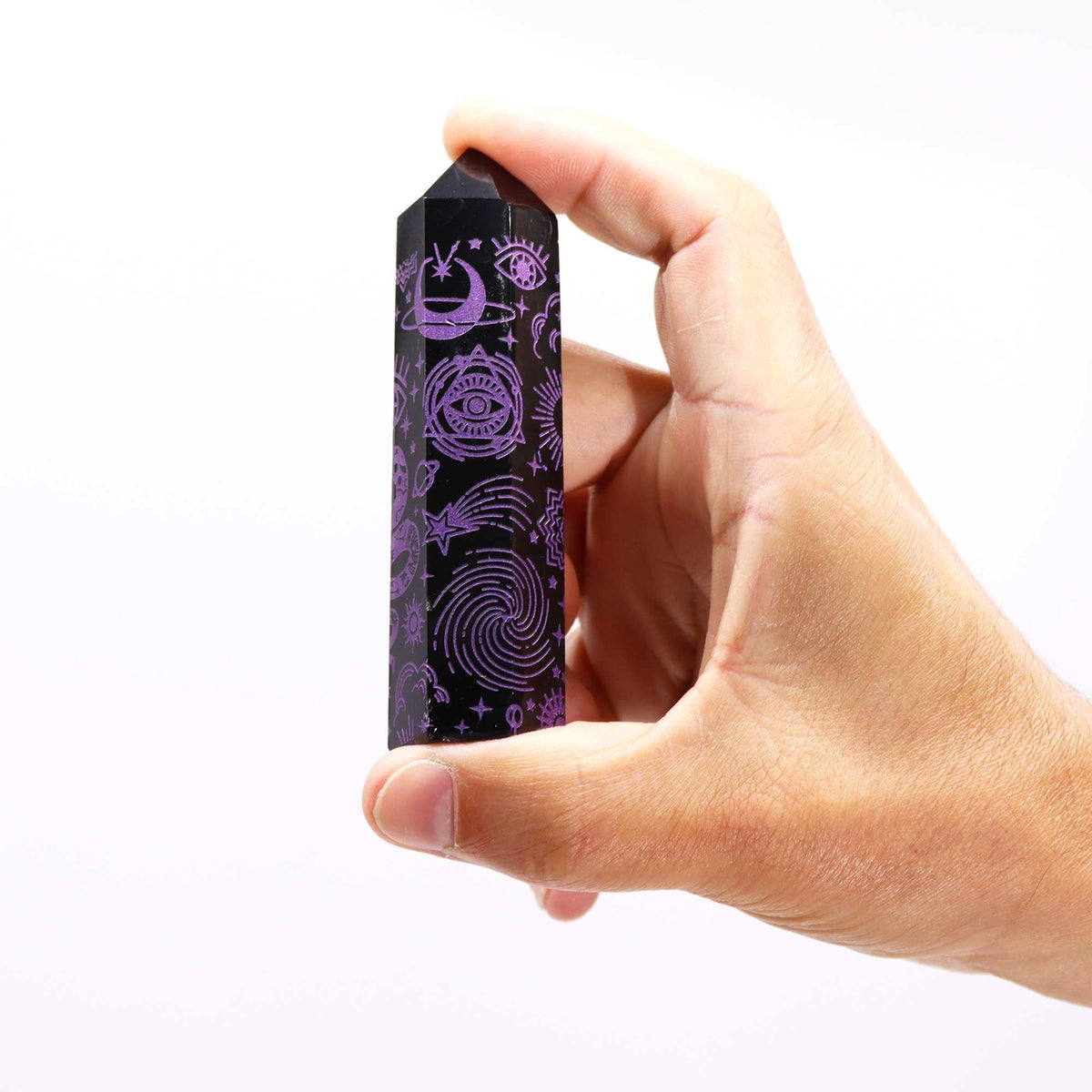 Engraved Black Obsidian Point - Deep Purple Celestial Symbols – view 7