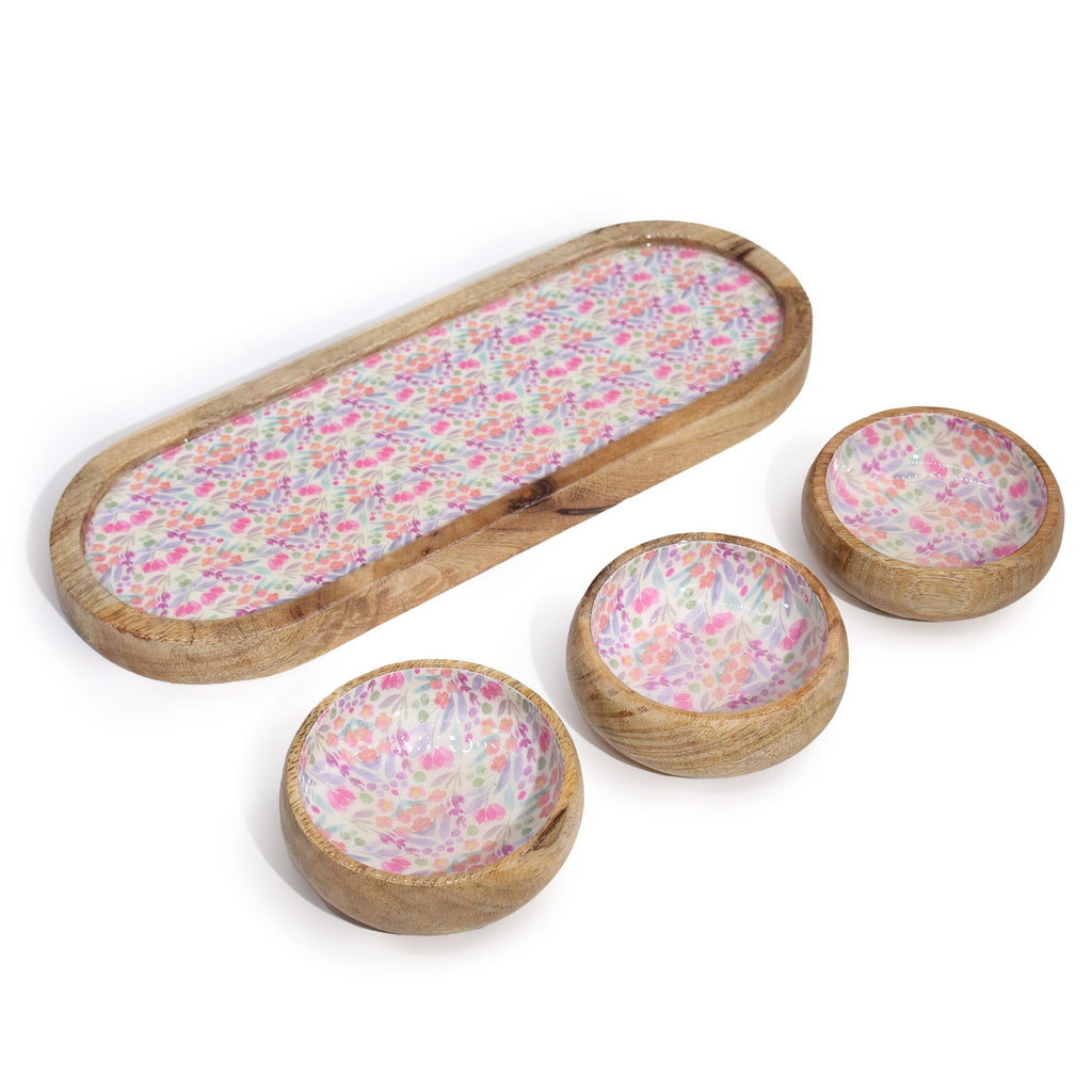 Mango Wood Tray with 3 Bowls - Floral Pattern – view 2