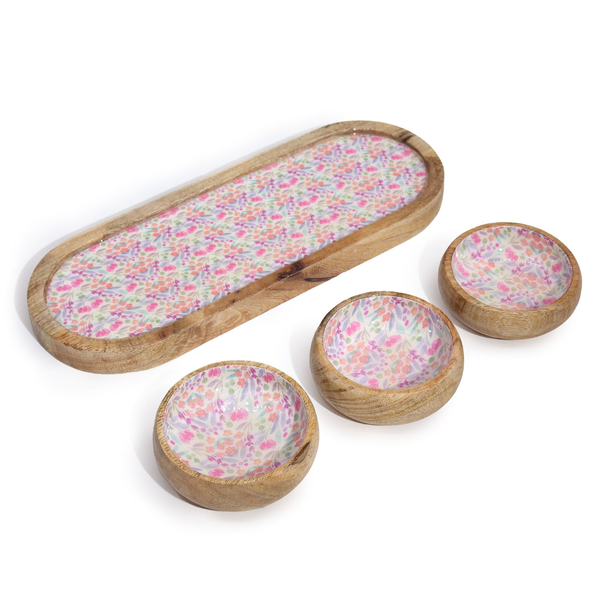 Mango Wood Tray with 3 Bowls - Floral Pattern – view 2