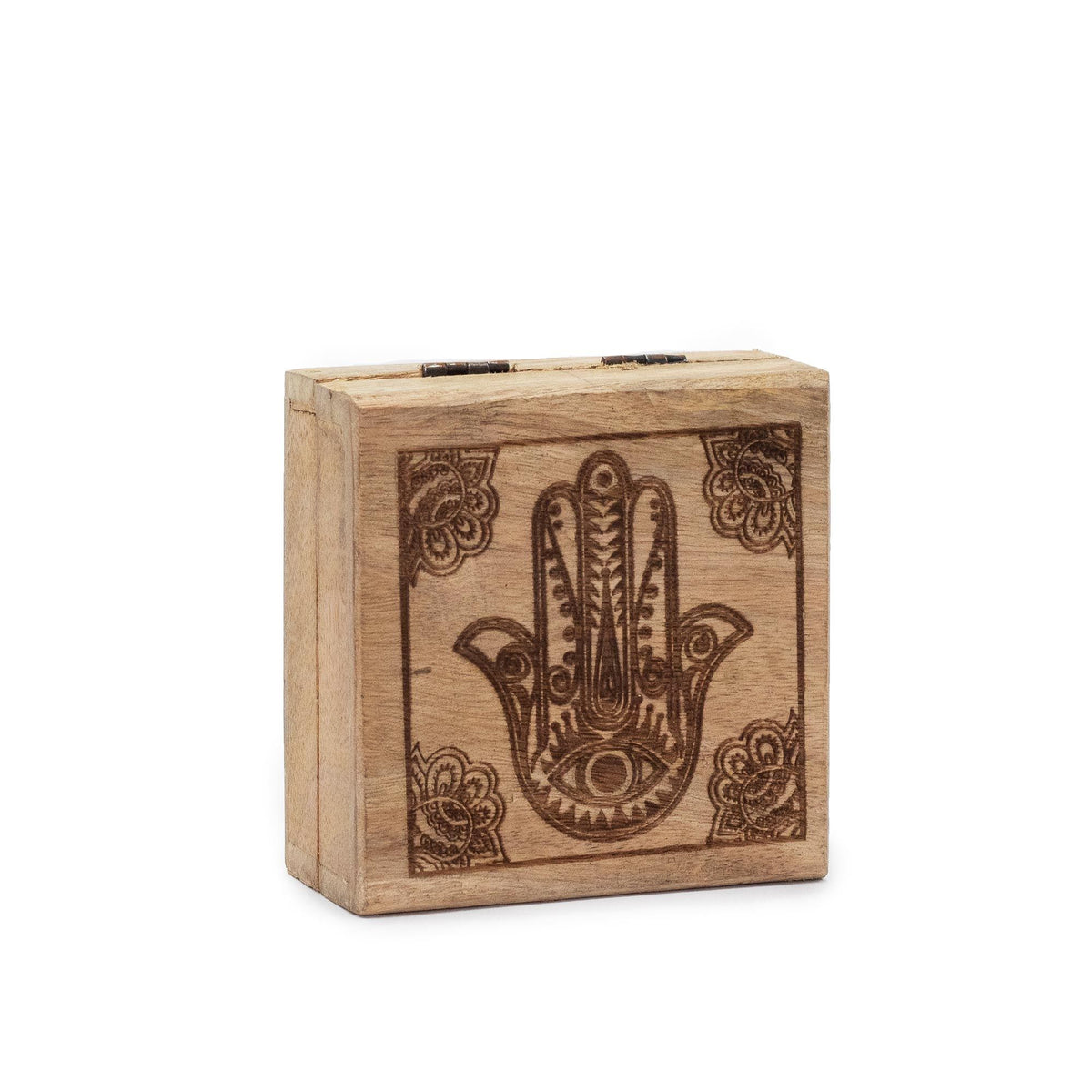 Mango Wood Small Square Box, Hamsa Black Engraved