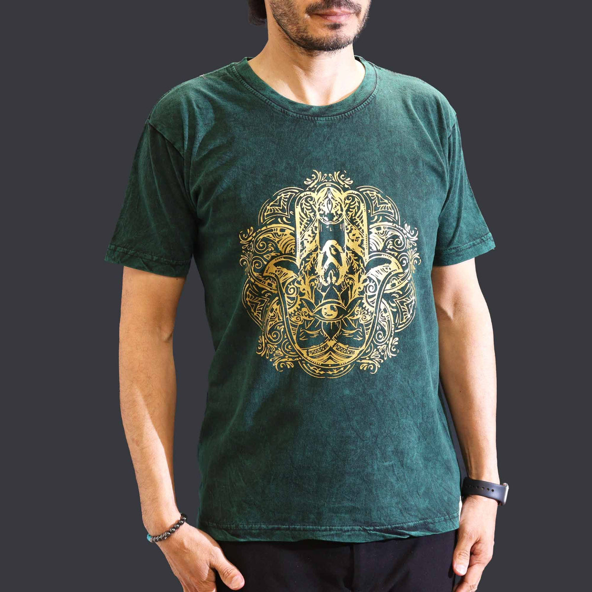 Nomad Sari Stonewashed T-Shirt - Hamsa - Green - Medium – view 3