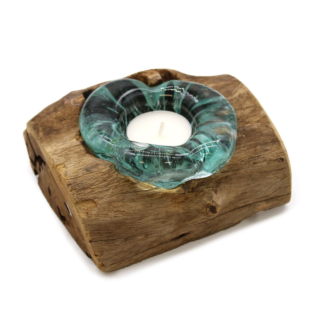 Molten Glass Single Candle Holder on Wood – view 4