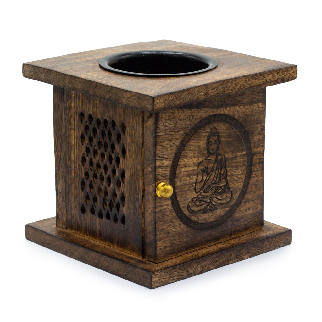 Large Mango Wood Box Oil Burner Buddha Design – view 4
