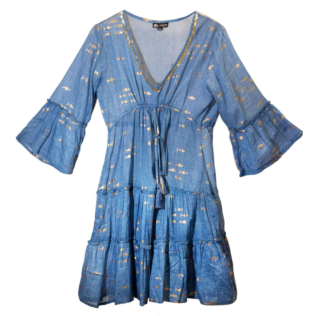 Nomad Sari Sea Blue Dress with Gold Fish Print (M/L) – view 2