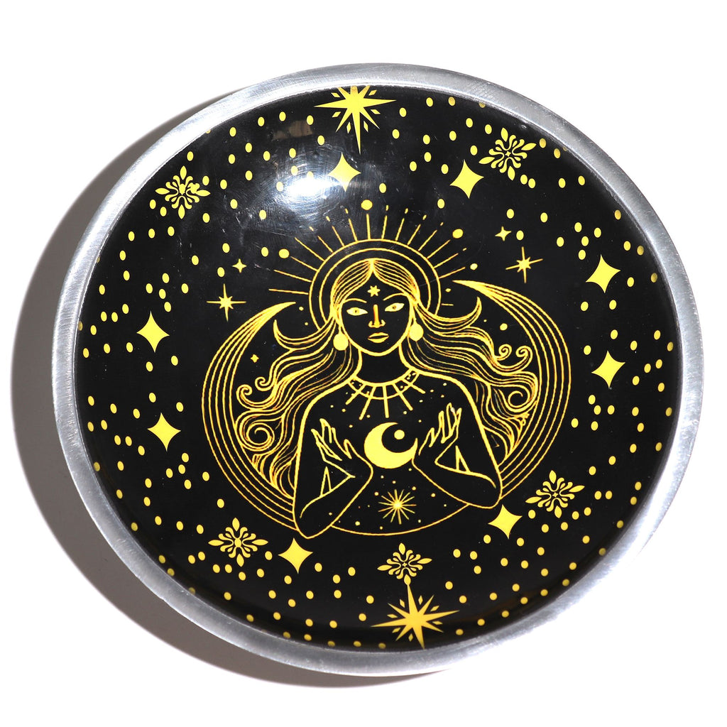 Triple Leg Enamelled Offering Plate - Gold Goddess on Black – view 3