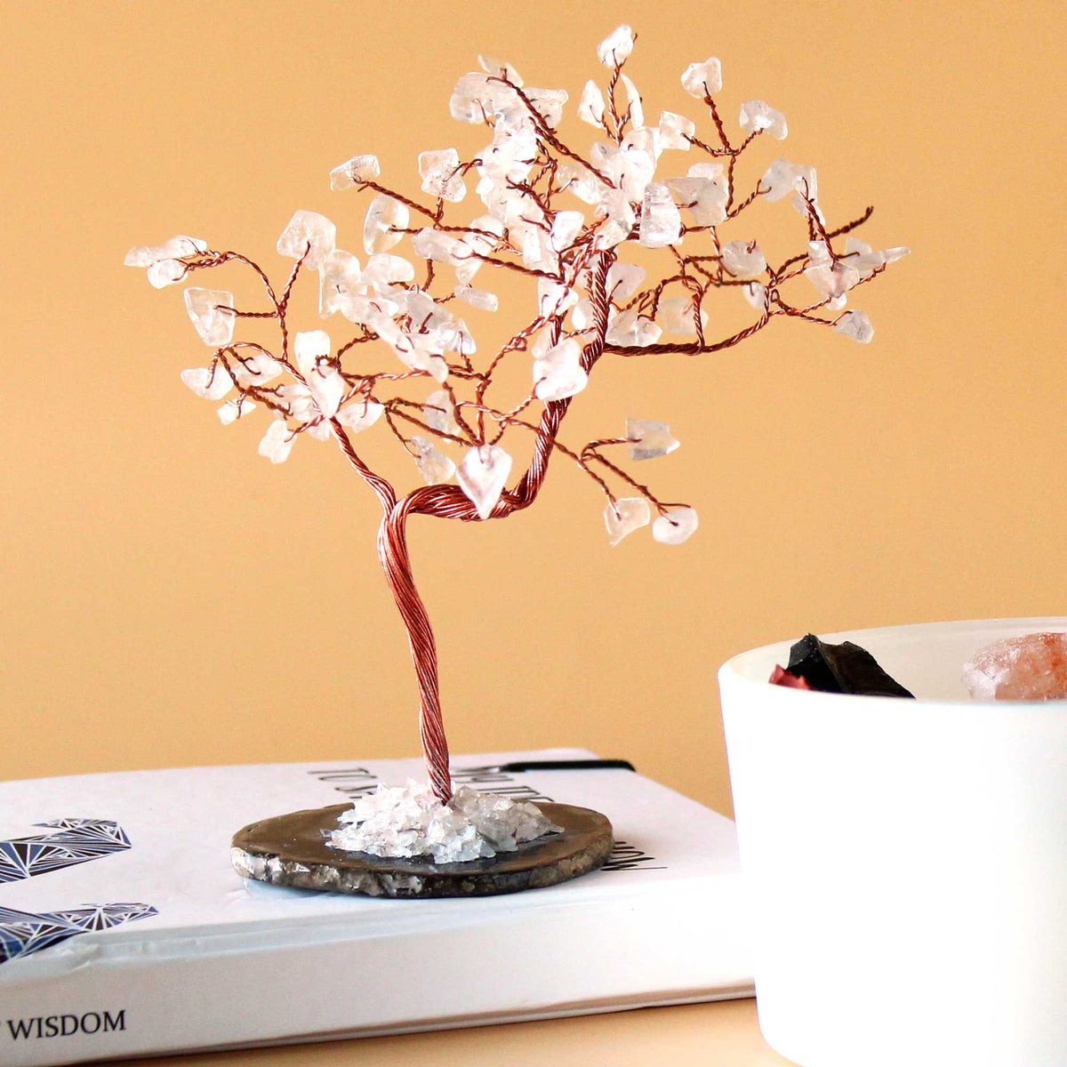 Large Rock Quartz Gemstone Tree on Black Agate Base – view 2