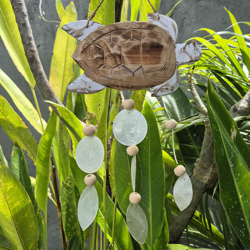 Whitewash Turtle Carving & Natural Capiz Wind Chime – view 4