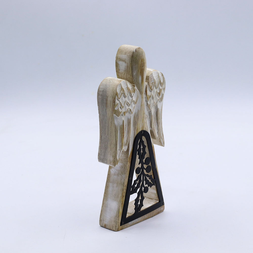 Mango Wood Angel - Whitewash, Iron Holly Cut-Out