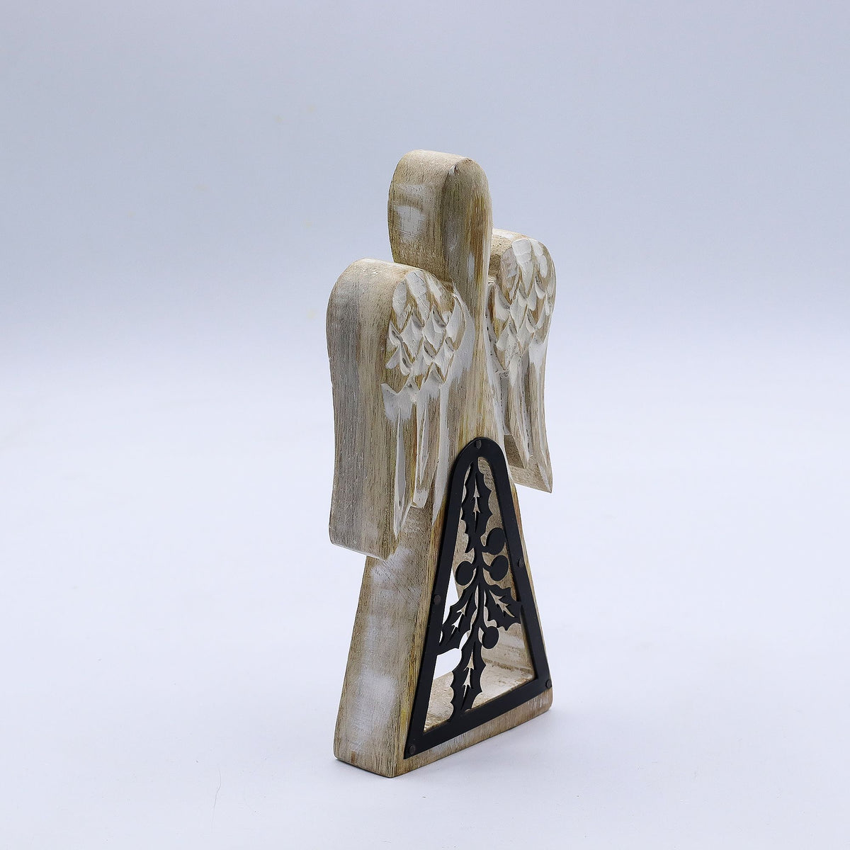 Mango Wood Angel - Whitewash, Iron Holly Cut-Out
