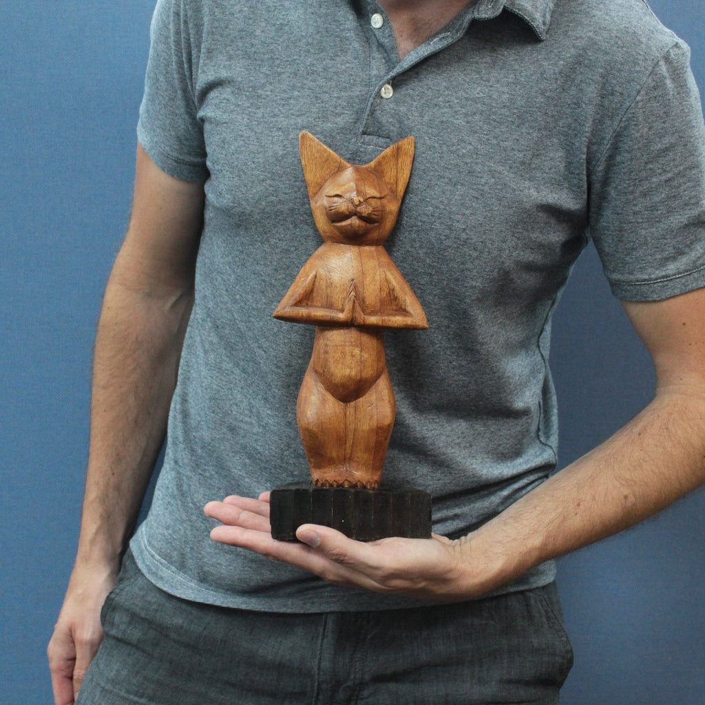 Hand-Carved Yoga Cat Statue - Standing Pose, Suar Wood