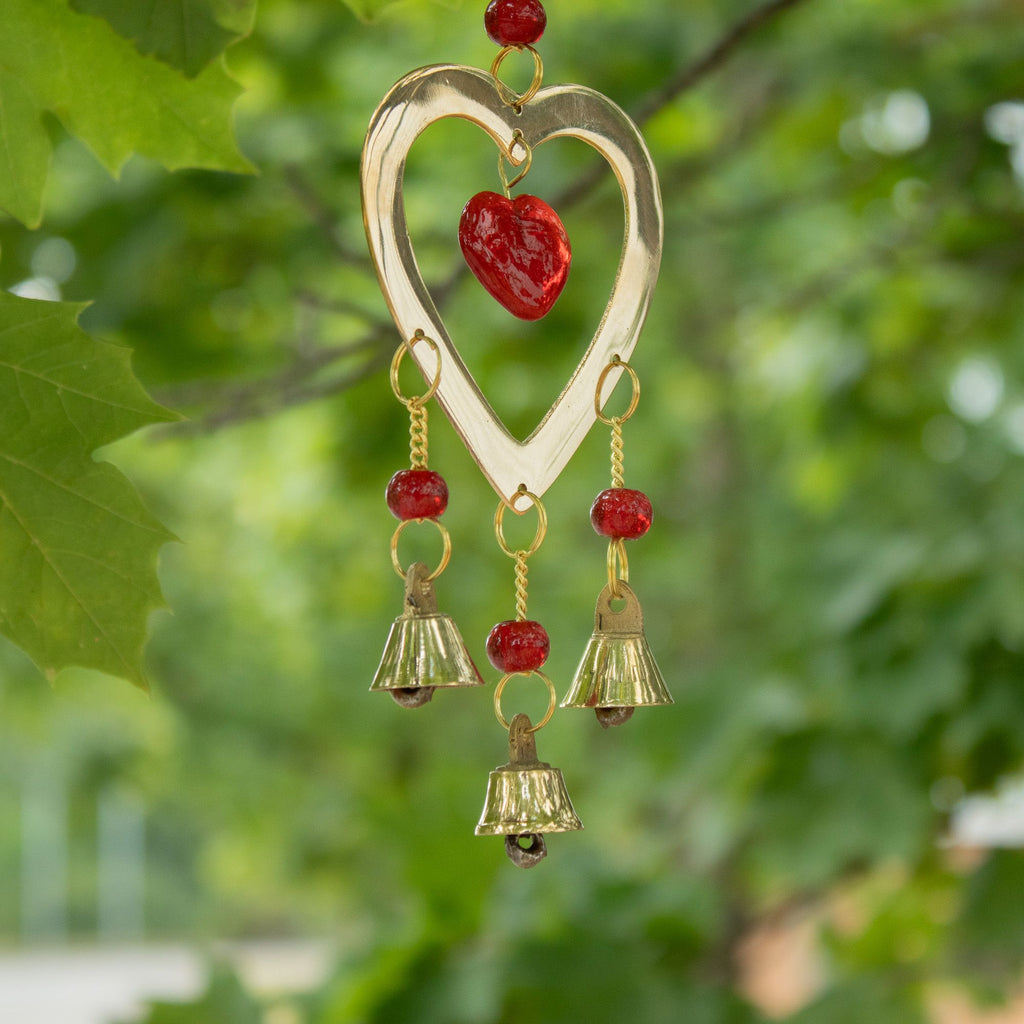 Brass Wind Chime with Ruby Glass Heart Beads, 6.5x24cm – view 4