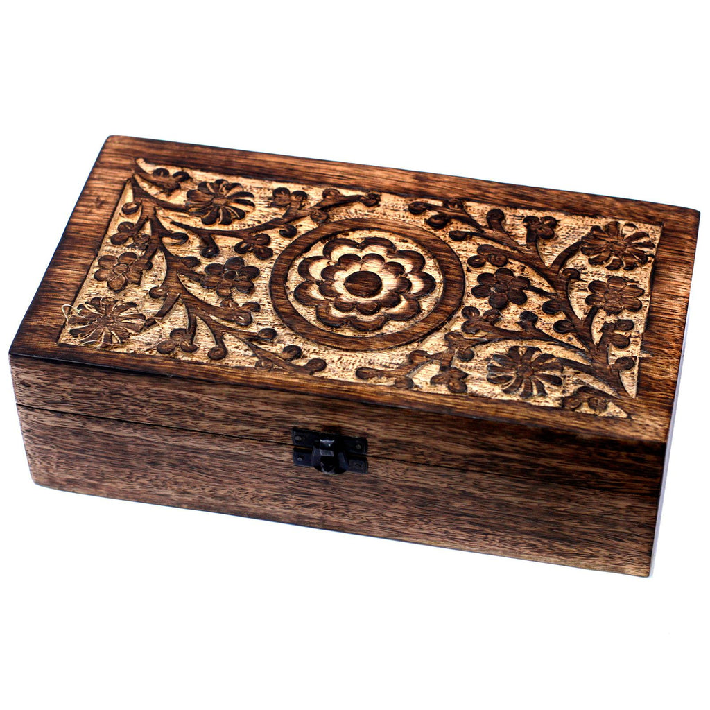 Carved Mango Wood Essential Oil Box - Holds 32 Bottles