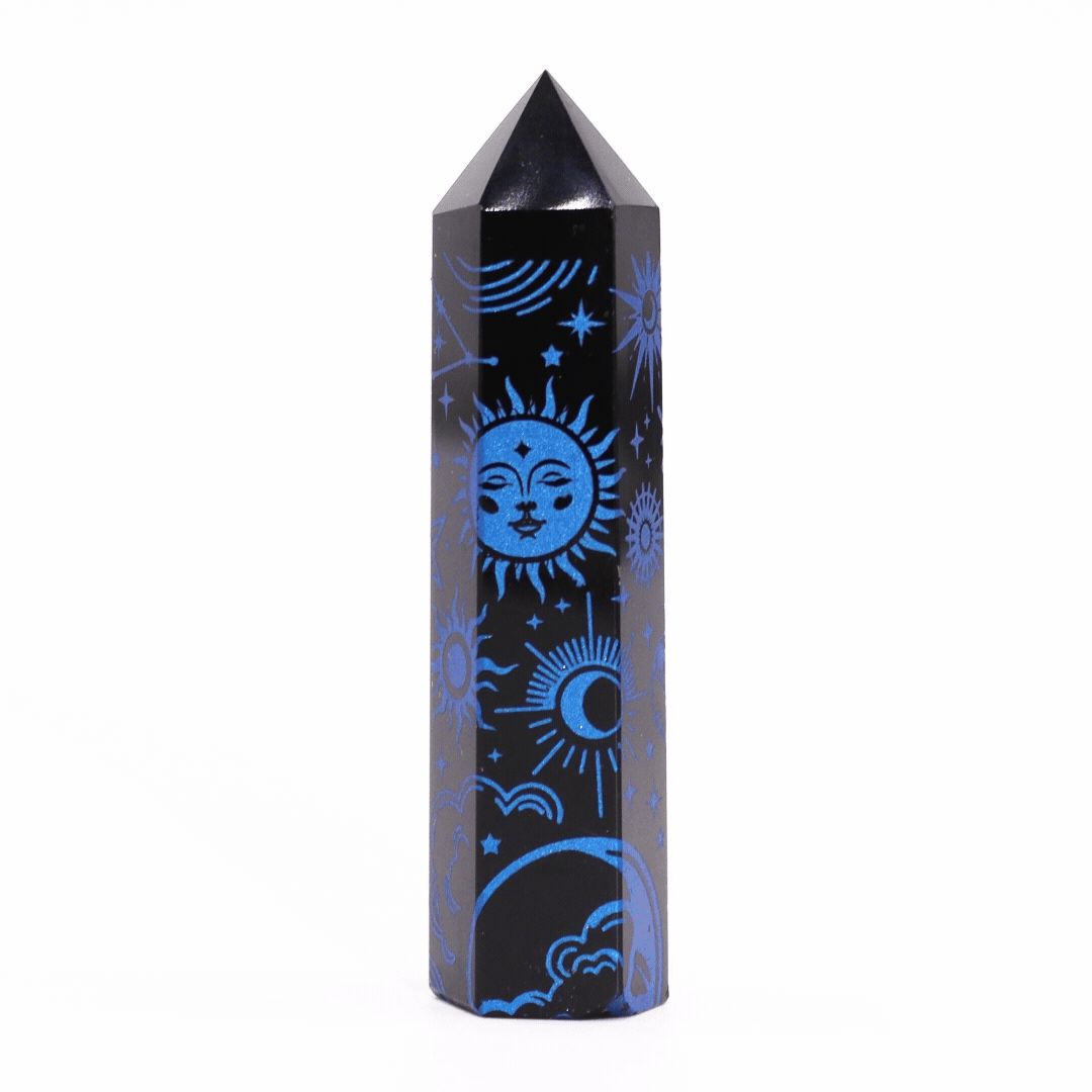 Engraved Black Obsidian Point - Midnight Blue Celestial Symbols – view 3