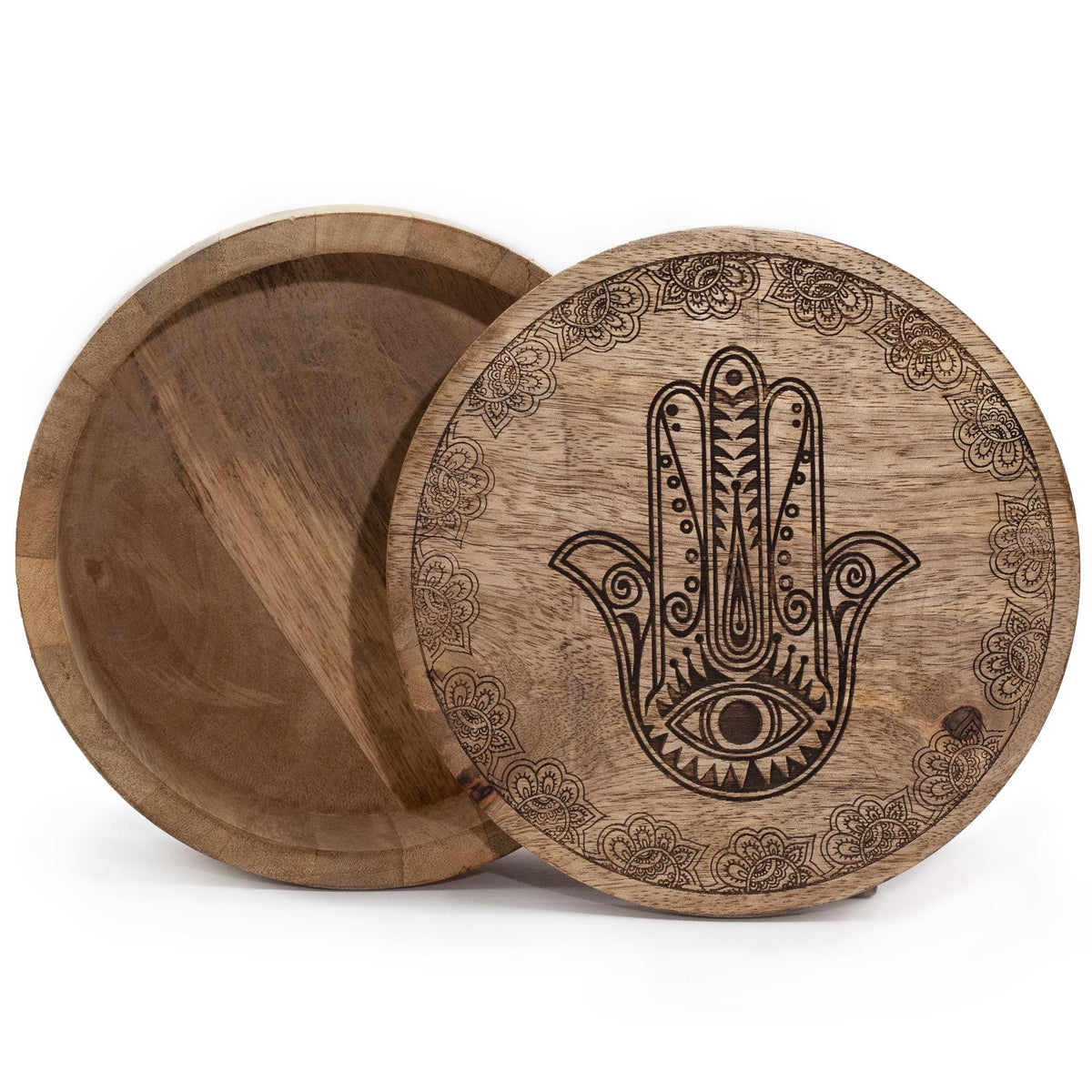 Mango Wood Round Box, Hamsa Black Engraved