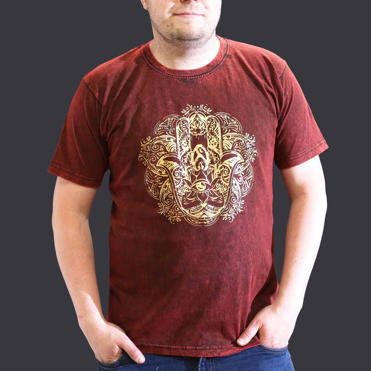 Nomad Sari Stonewashed T-Shirt - Hamsa - Maroon - XL