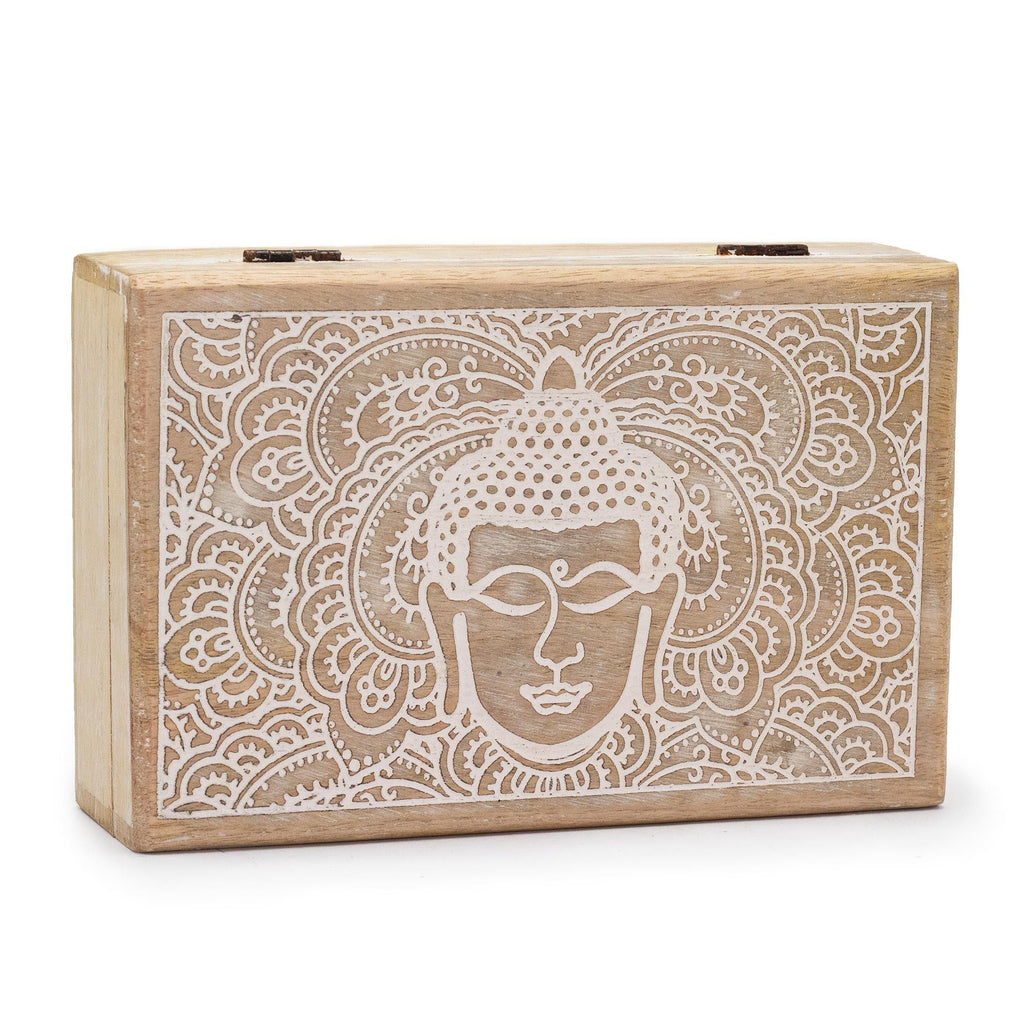 Mango Wood Rectangular Box, Buddha Face Whitewash