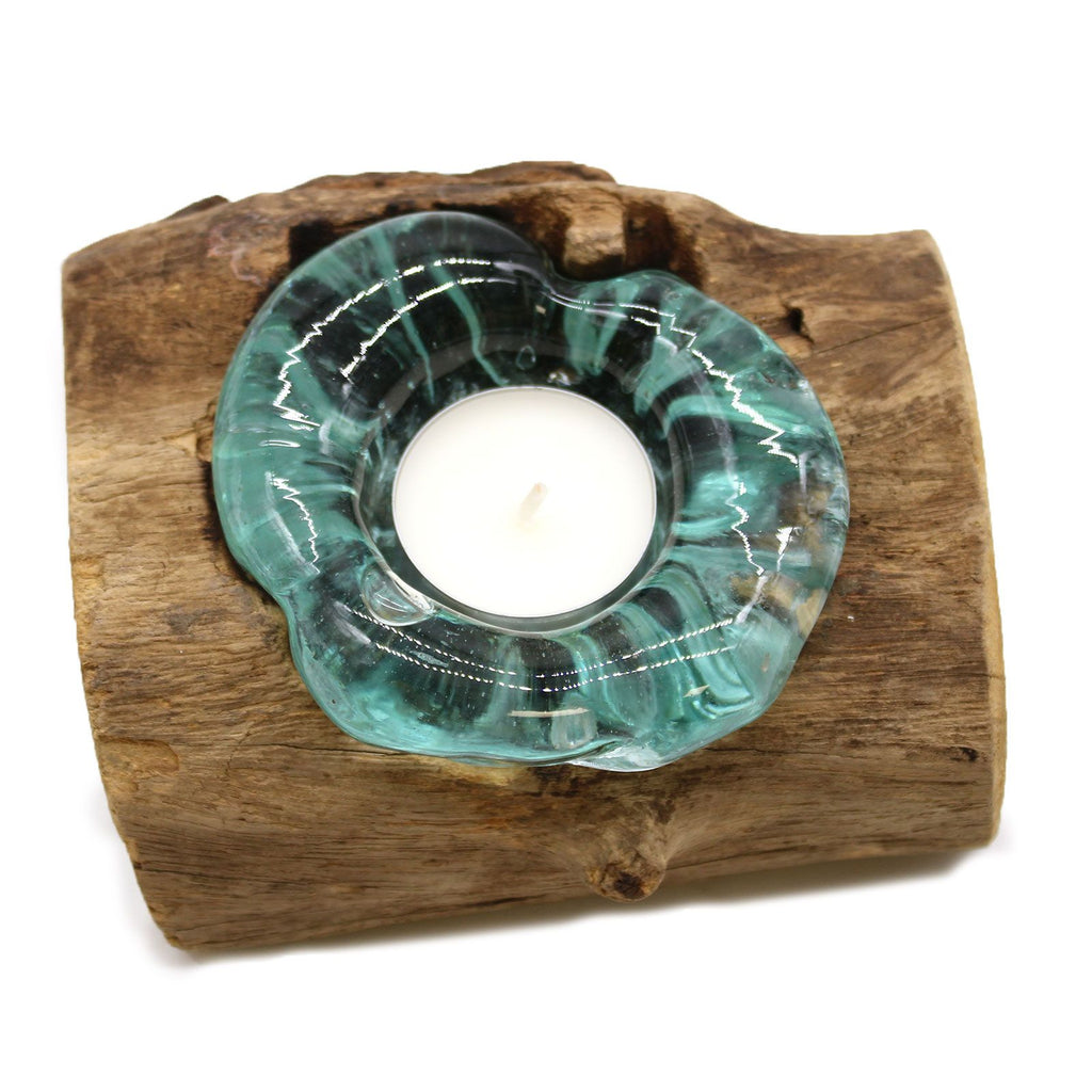 Molten Glass Single Candle Holder on Wood – view 3