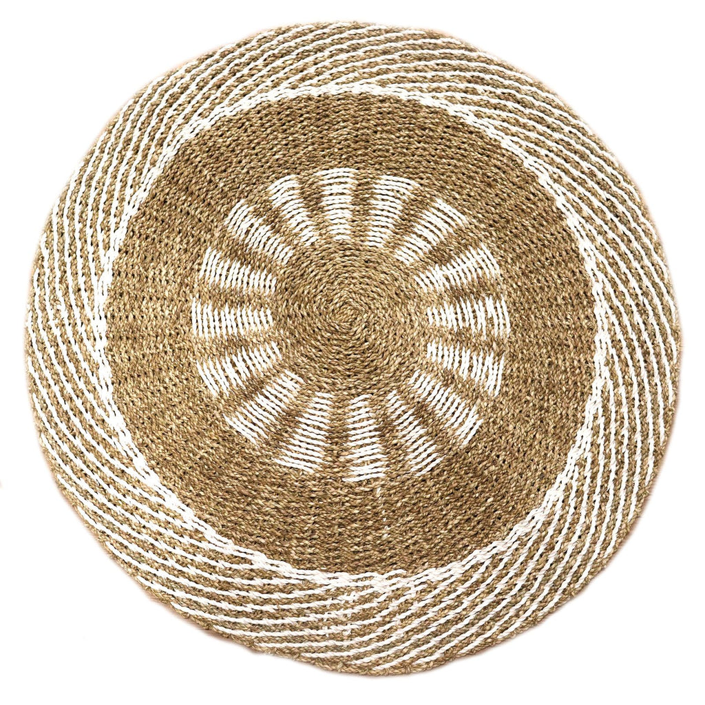 Round Seagrass Rug - White & Tan Inner Sun - 1m