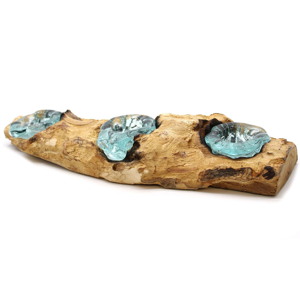 Molten Glass Flat Triple Candle Holder on Wood – view 8