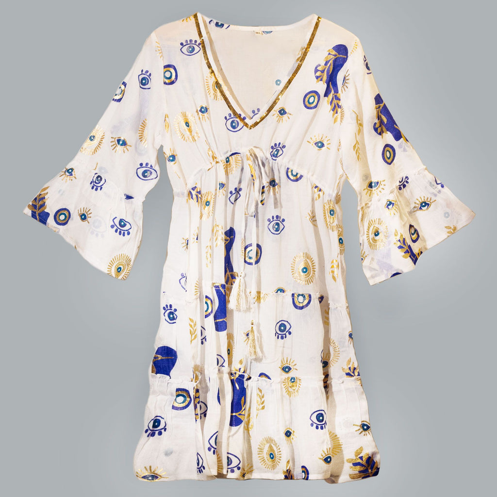 Nomad Sari Evil Eye Dress in White, Blue & Gold, Size M/L