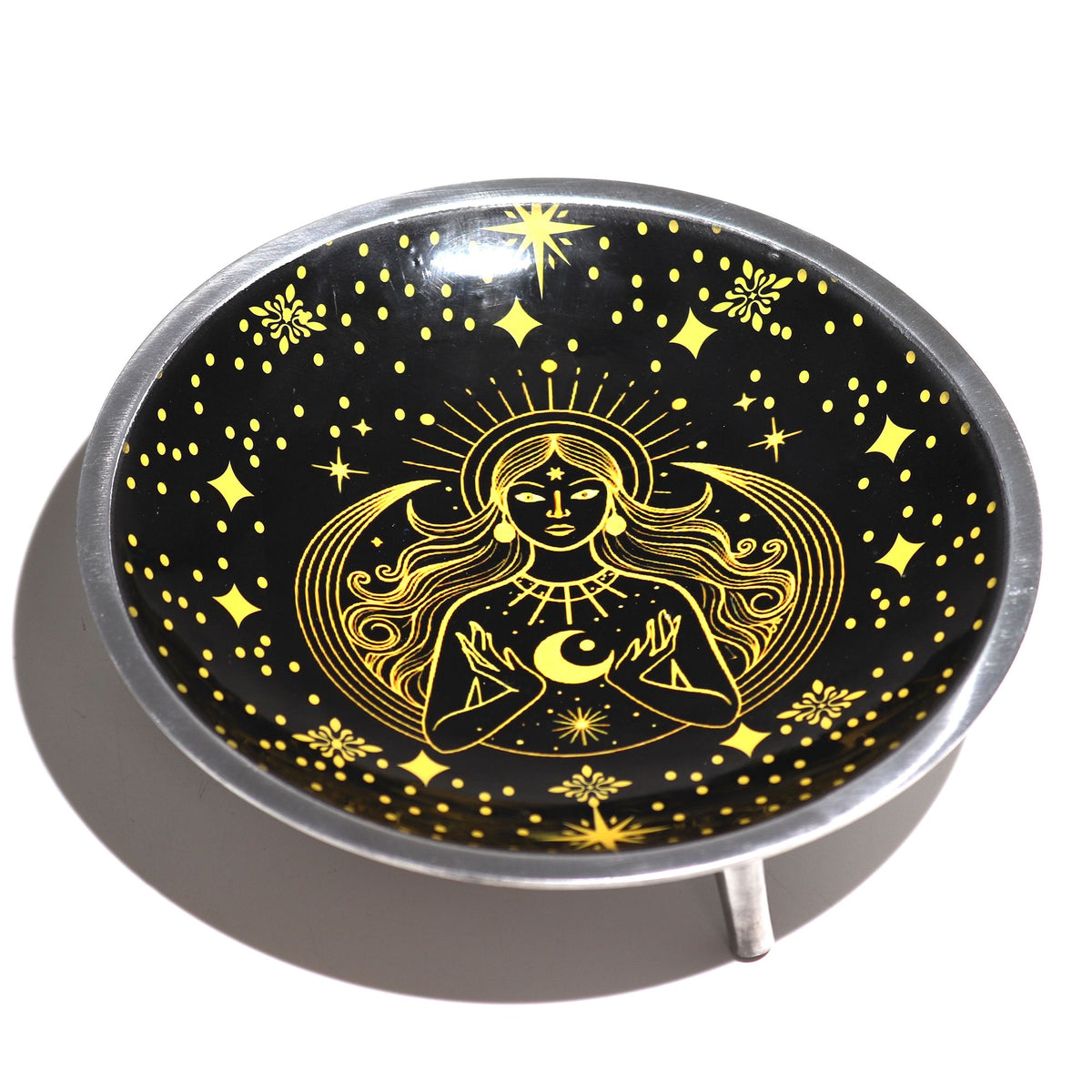 Triple Leg Enamelled Offering Plate - Gold Goddess on Black – view 2