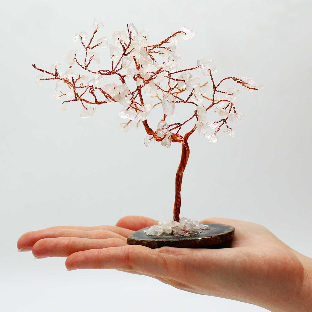 Large Rock Quartz Gemstone Tree on Black Agate Base