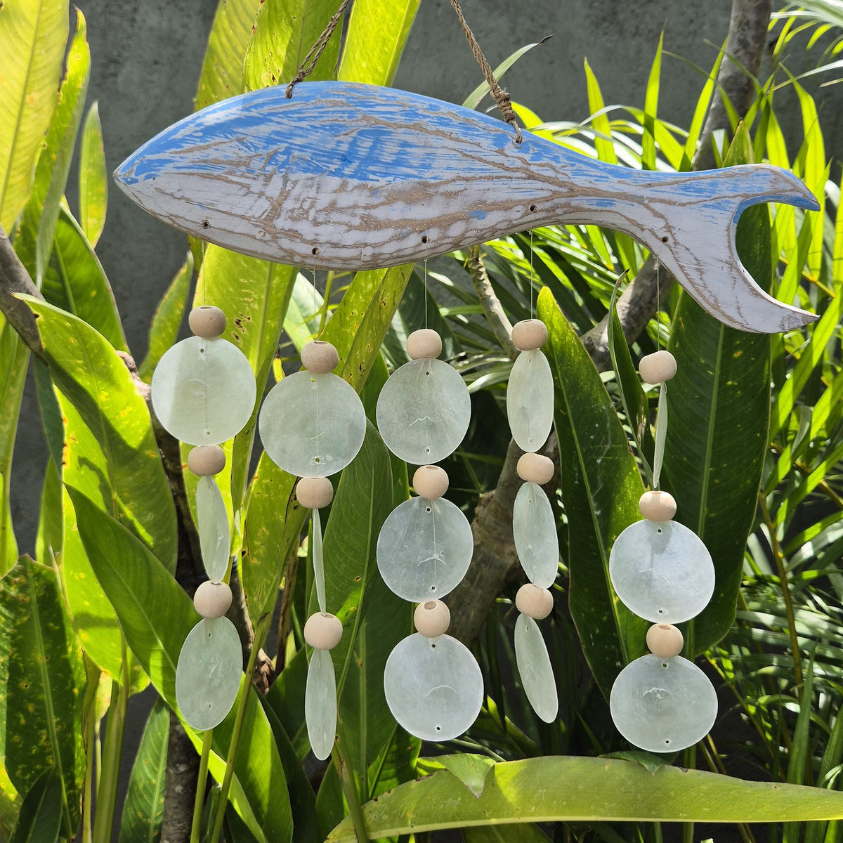 Bluewash Fish Carving & Natural Capiz Wind Chime – view 2